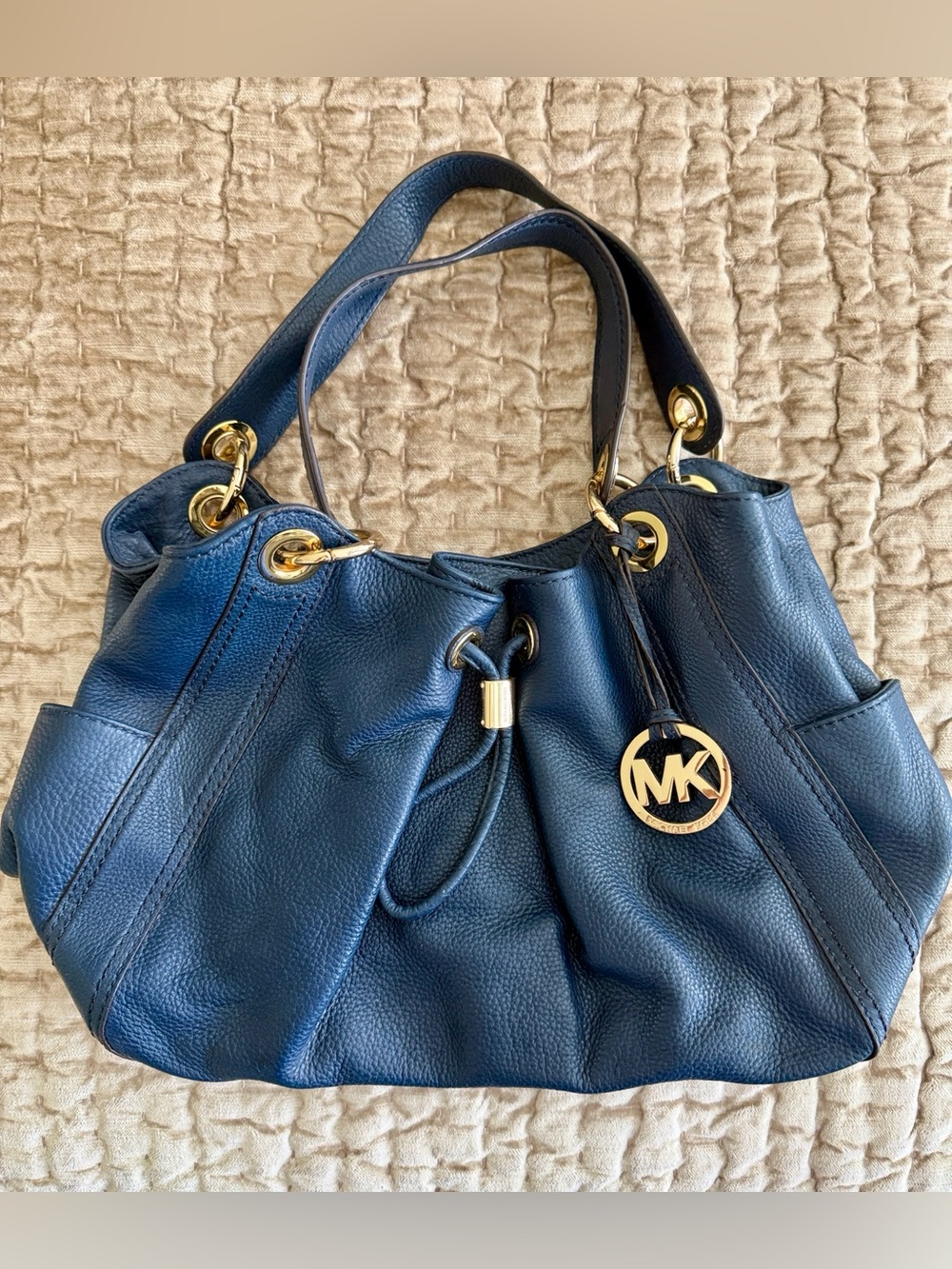 Michael Kors Navy Pebbled Leather Drawstring Shoulder Tote with Gold Hardware